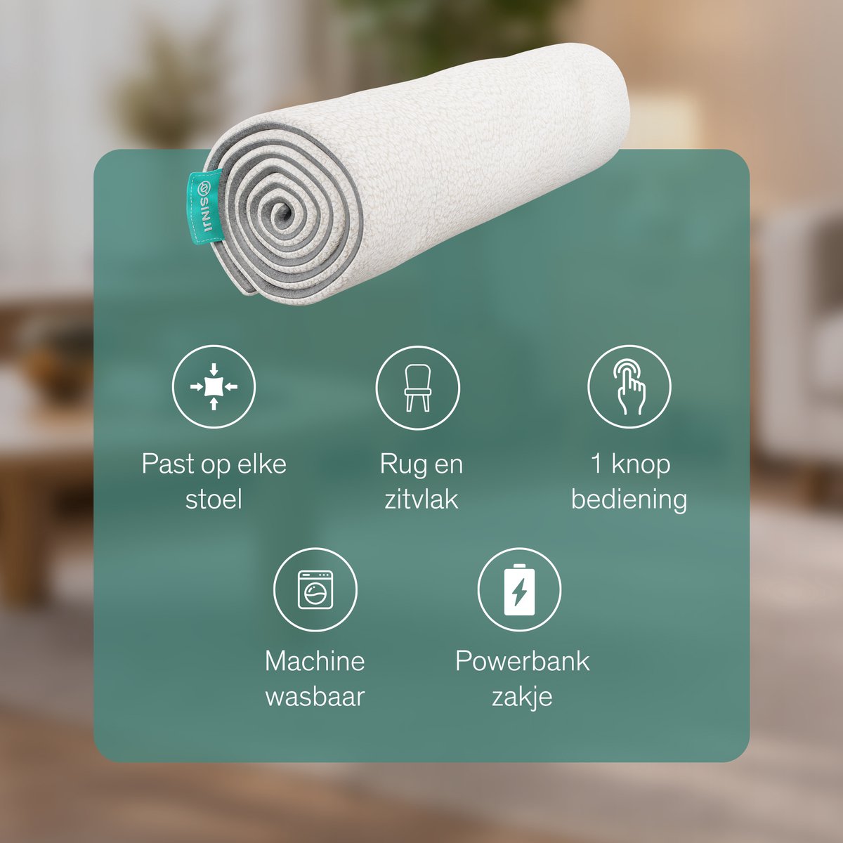 Sinji Elektrische Warmtedeken – Draadloos Infrarood Warmtedeken – Verwarmd Stoelkleed – Incl. Powerbank – 135x48 cm – Crème thumbnail 5