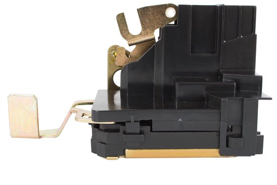 Deurvergrendelingsmechanisme met zwarte plastic behuizing en gouden metalen hendel.