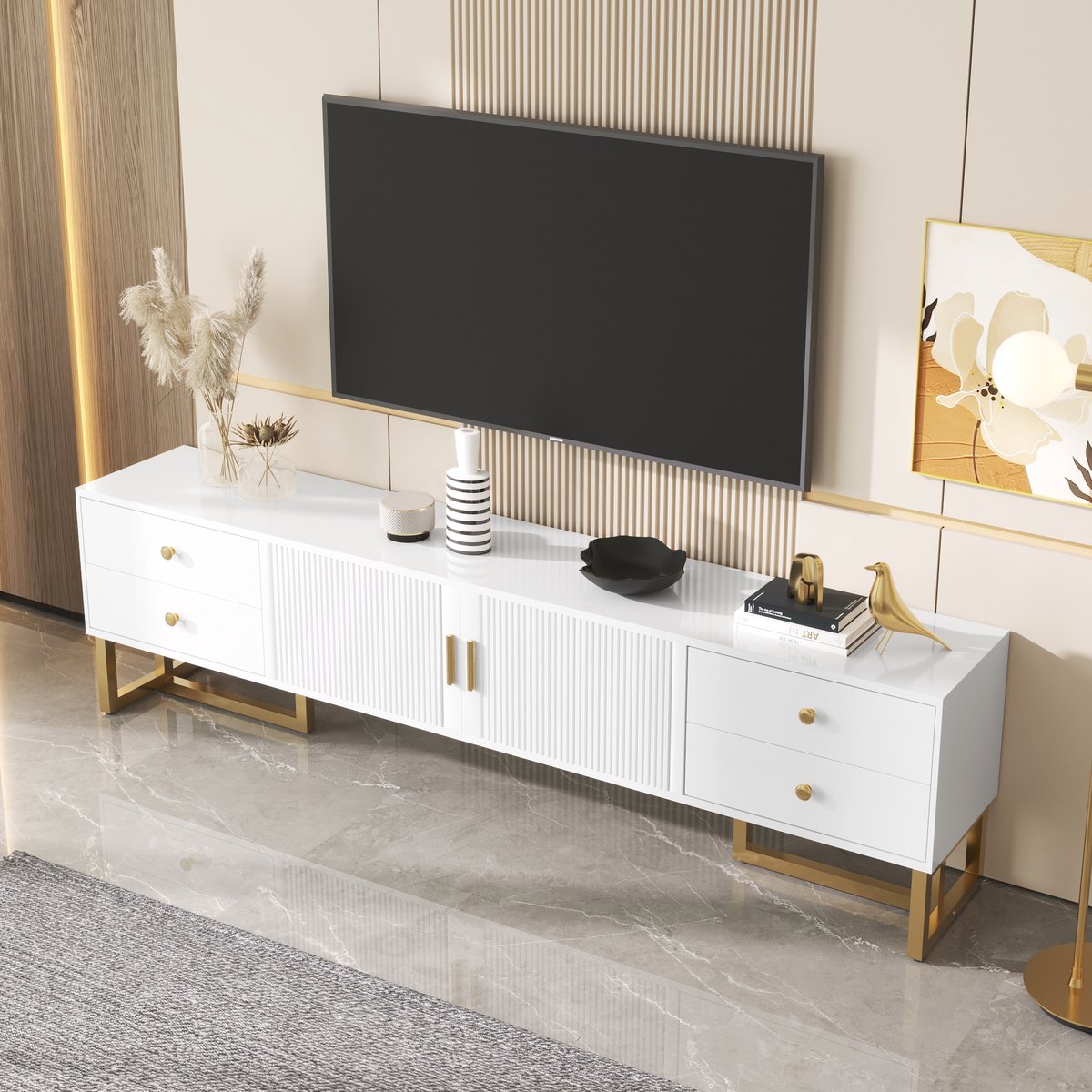 FloraGrace Televisiemeubel - Modern Ontwerp Met Structuurdeuren En 4 Lades - Opbergen Voor Woonkamer - MDF - Wit - 175x30x46 Cm