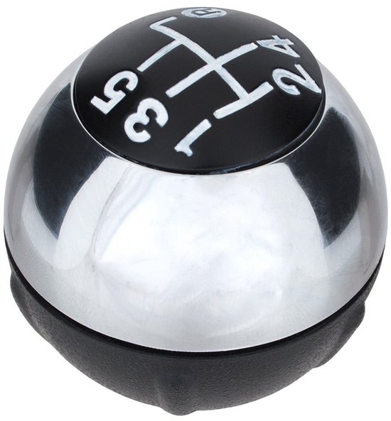 Chroom-zwarte pookknop met witte cijfers 1, 2, 3, 4, 5 en R.