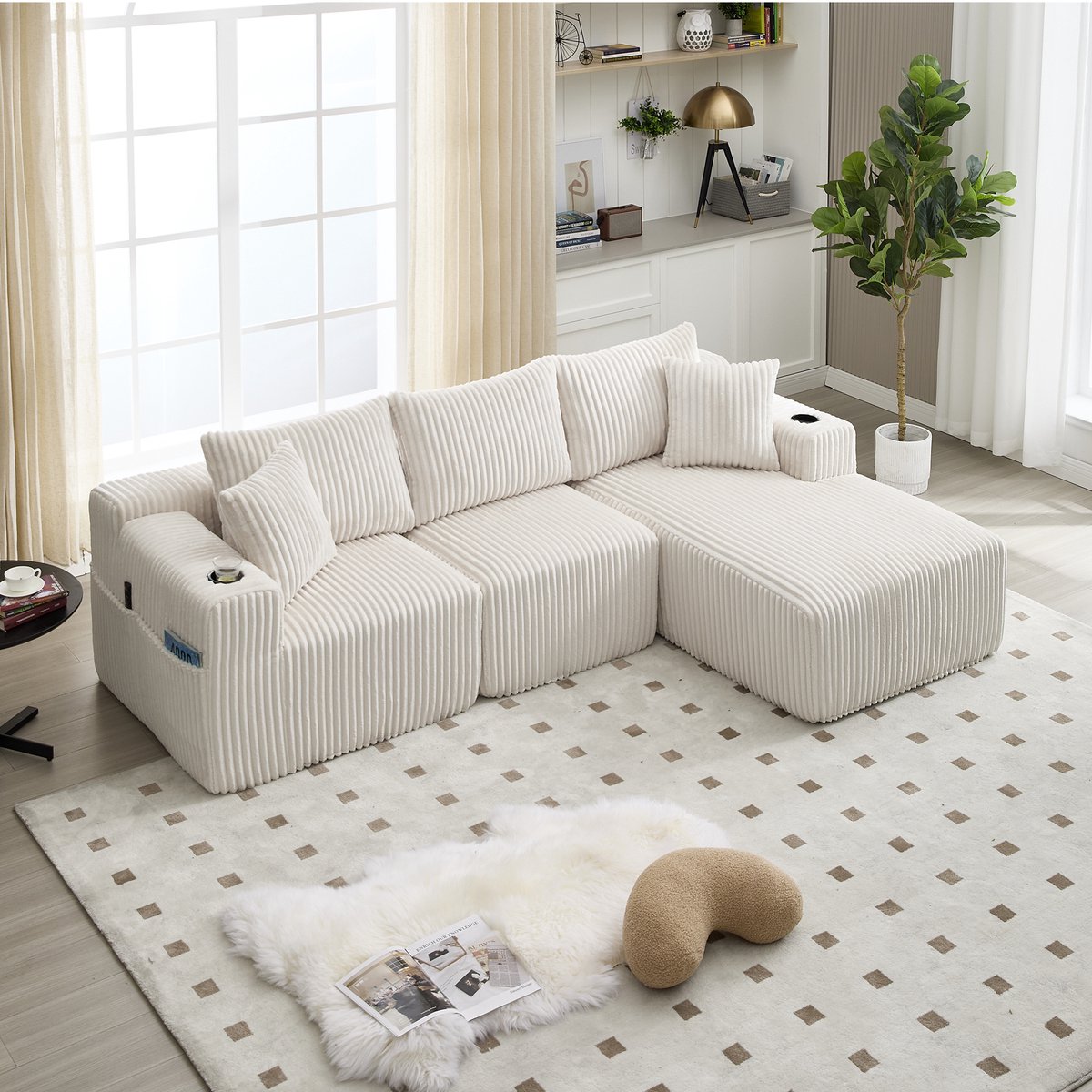 Hoekbank - 3-zits - Modulaire Set met Chaiselongue - Zijvakken en Bekerhouders - Ribstof -