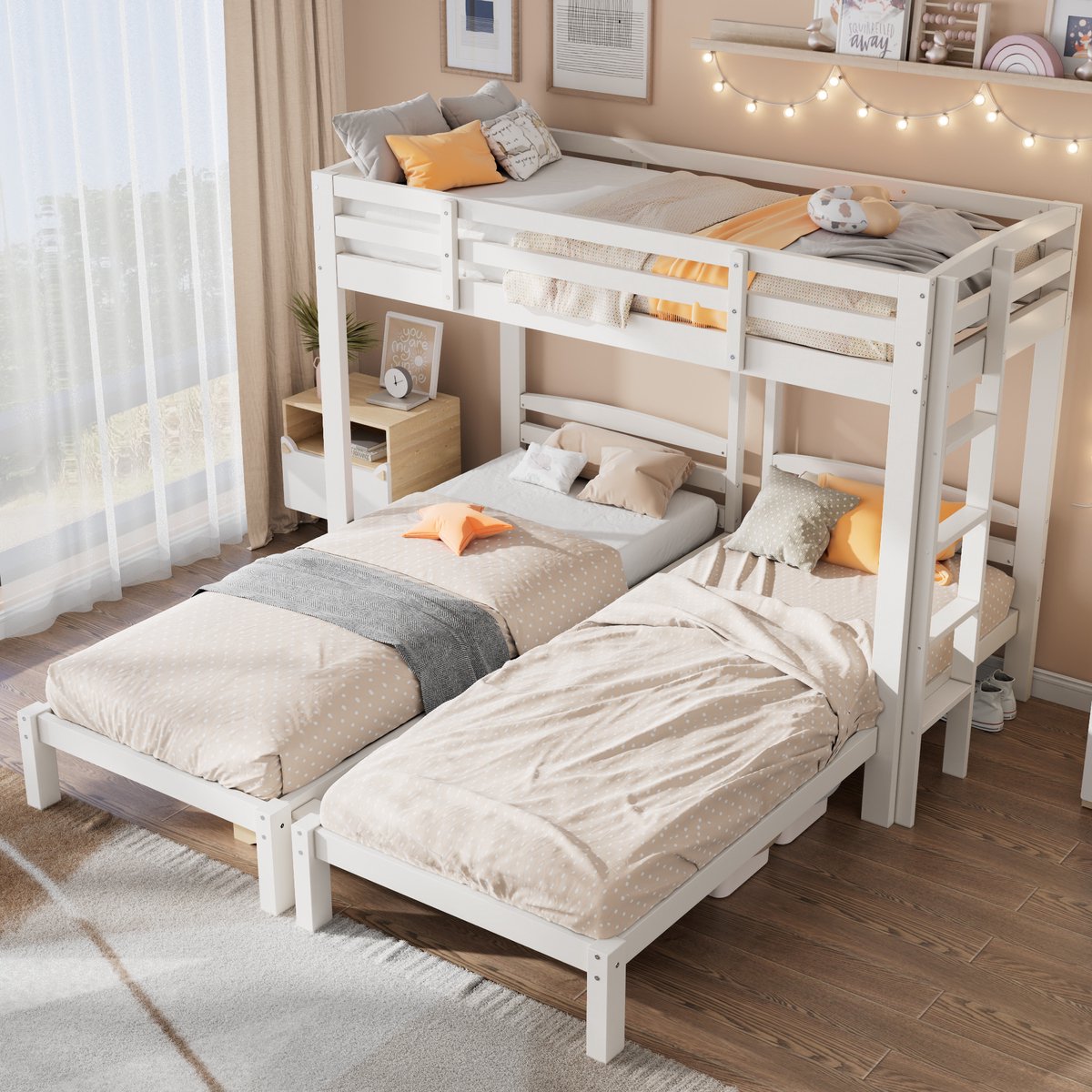 Wishdor Massief Houten 3-Persoons Stapelbed - 3x 90x200 cm - Drievoudig L-Vormig Kinderbed met Uitvalbeveiliging & Omkeerbare Ladder - Wit