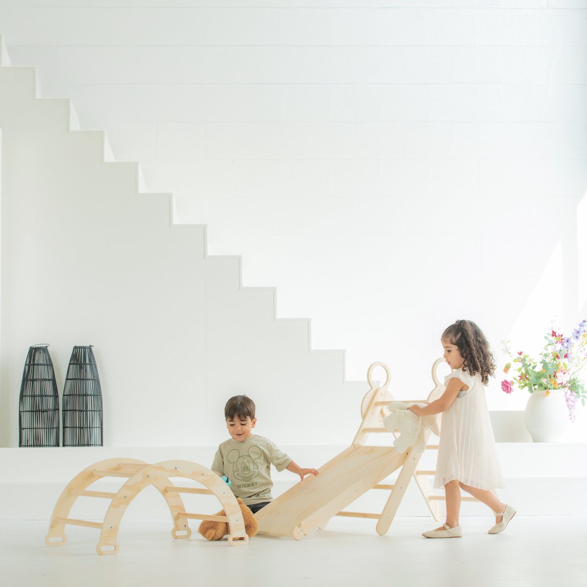 Buxibo Mini Klimrek – Houten Klimrek met Klimboog & Klimhelling met Glijbaan – Montessori Speelgym voor Binnen – 176x47x68 cm – Naturel — afbeelding 8