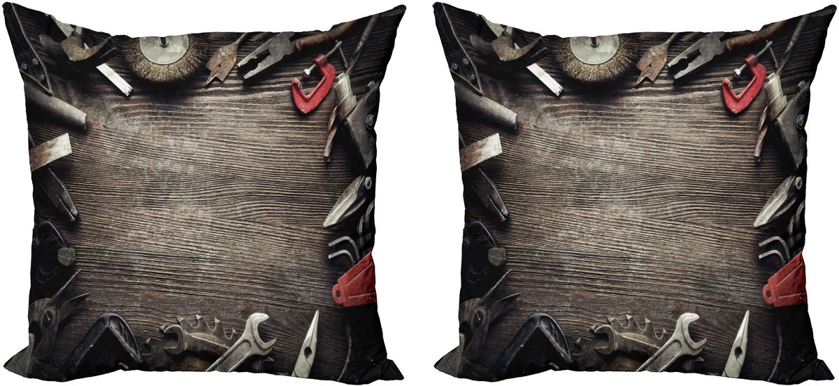 ABAKUHAUS industriële decoratieve kussenslop set van 2, grungy gereedschap, 40x40 cm, bruin, grijs, rood