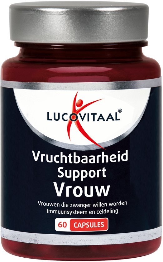 Flesje Lucovitaal Vruchtbaarheid Support Vrouw met logo, tekst en 60 capsules.