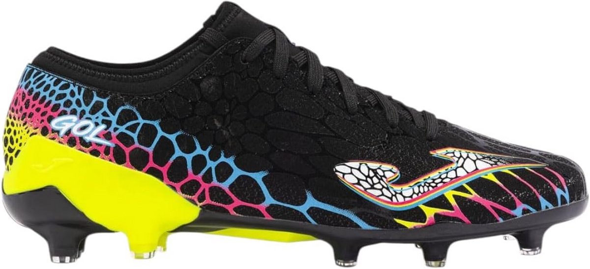 Zwarte voetbalschoenen voor heren met kleurrijke details, geschikt voor stevige ondergronden, bieden grip en comfort.