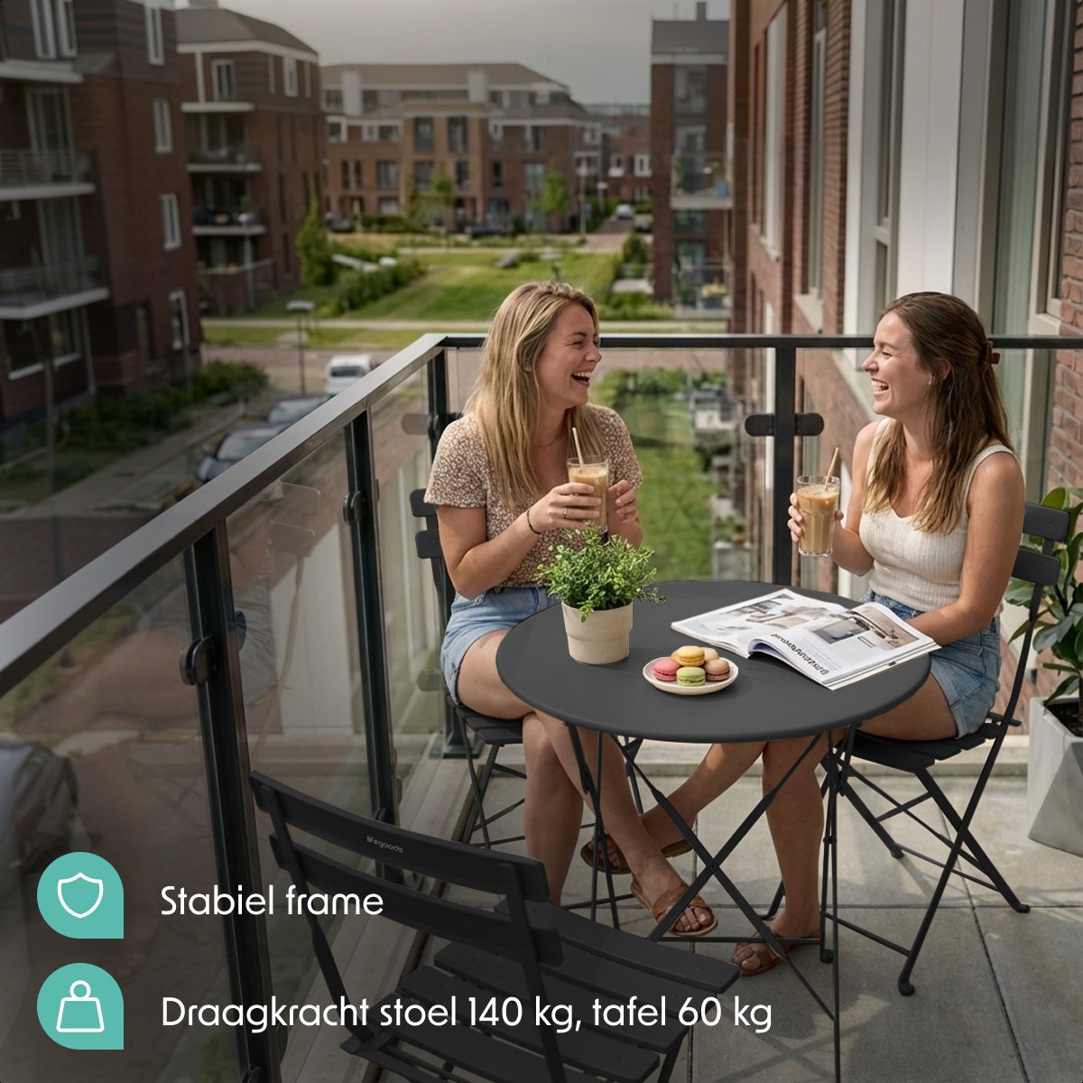 LifeGoods Bistroset - Staal - 3-delig - Tuinset - Inklapbaar - Balkonset met Tafel - Weerbestendig - Donkergrijs – foto 5