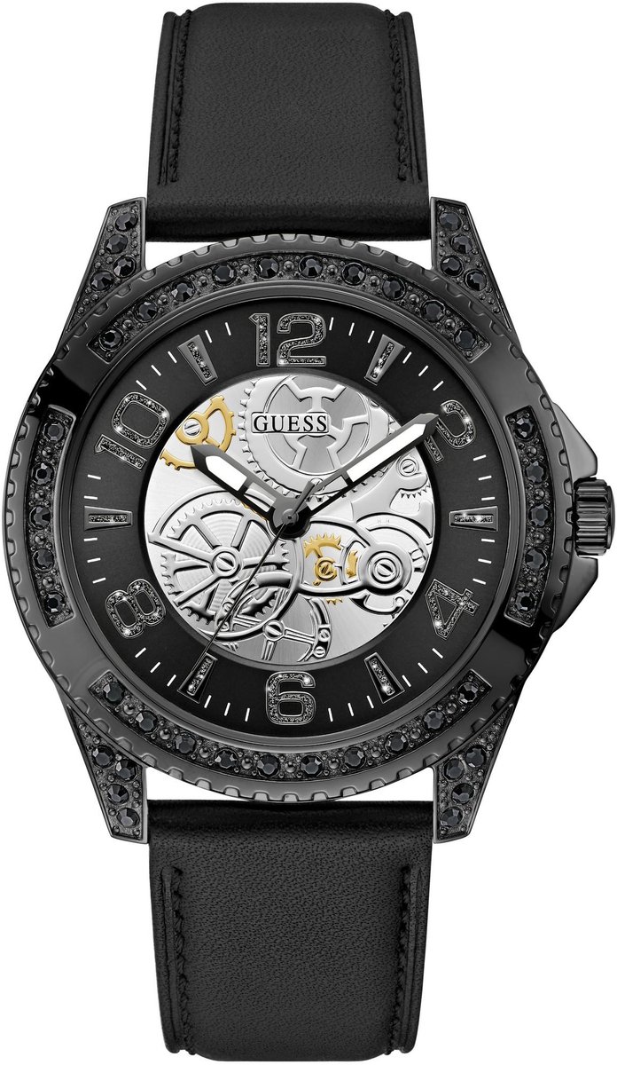 Guess Geared Up Quartz Analoog Horloge Zwart Case: 100% Recycled Steel | Armband: 100% Genuine Leather 44 mm U1429G3M