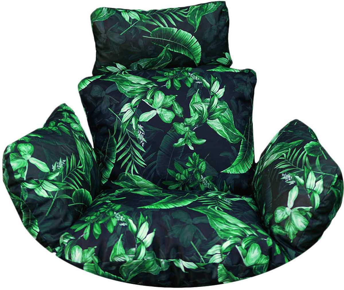 Blomster – Kussen voor hangende coconstoel – Waterafstotend – Afneembare hoes – Zwart met groene bladeren