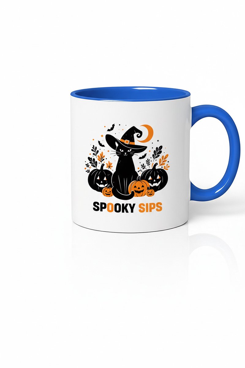 Spooky Sips Halloween Mok - Koffiebeker met Kat, Pompoenen en Heks Hoed