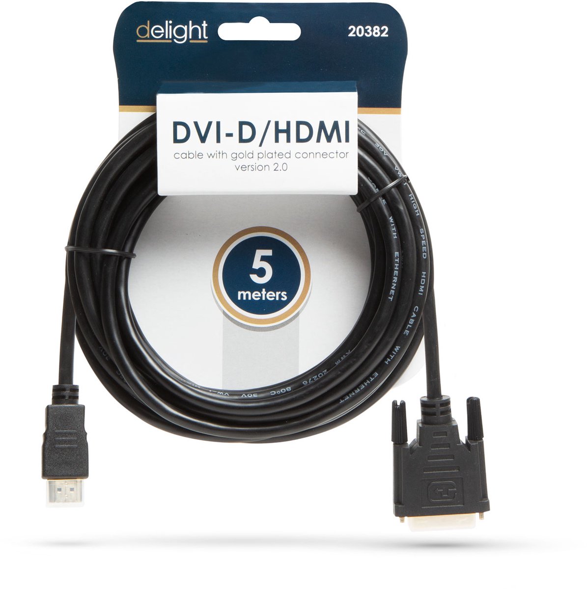 DVI-D (24+1) naar HDMI Kabel - 5 Meter - Bi-directioneel - Ondersteunt 4K (4096×2160p) - Dubbel Afgeschermd - 24K Vergulde Connectoren - Inclusief Beschermkappen - Voor Pc, Beamer, Tv en Home Cinemas [20382]