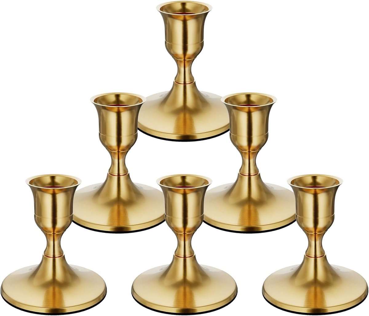 Zes gouden, kegelvormige kandelaars, vintage metalen kandelaars, geschikt voor tafeldecora