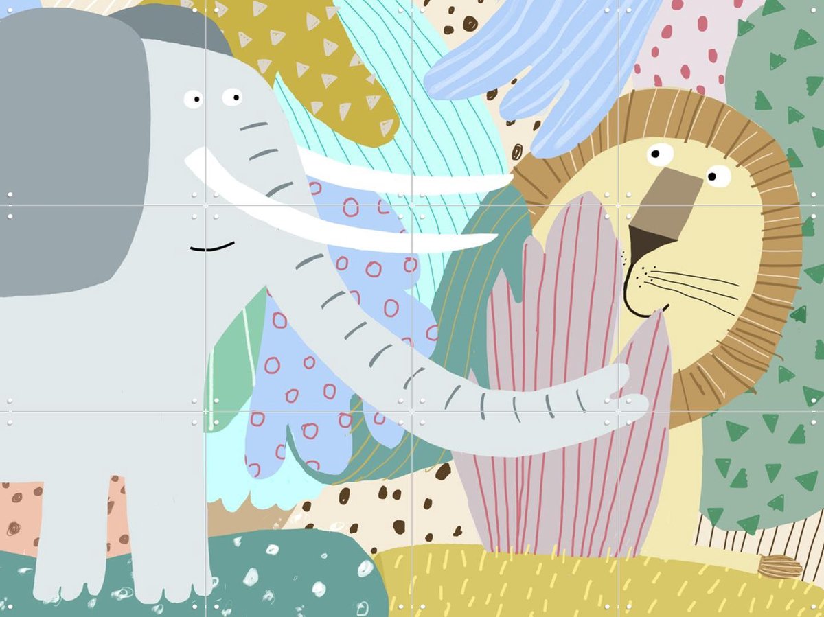 IXXI Cute Elephant with Lion Peeking Out of the Jungle, Carla Daly - 80 x 60 cm - Gratis ophangtool - Grote wanddecoratie en posters - Illustraties