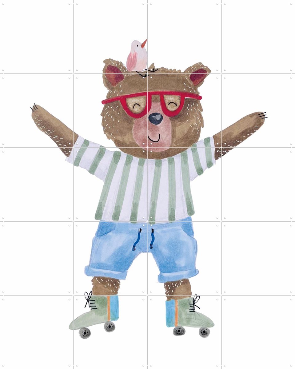 IXXI Beer Boris op Rolschaatsen, Adams Arts - 80 x 100 cm - Gratis ophangtool - Grote wanddecoratie en posters - Illustraties, Fantasierijk, Speels