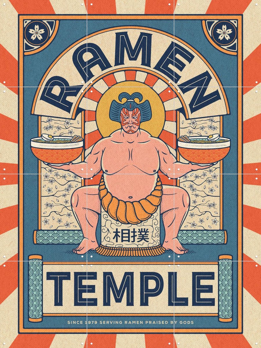 IXXI Ramen Temple Sumo, Ryan Ragnini - 60 x 80 cm - Gratis ophangtool - Grote wanddecoratie en posters - Pop art, Kleurrijk, Vintage, Illustraties