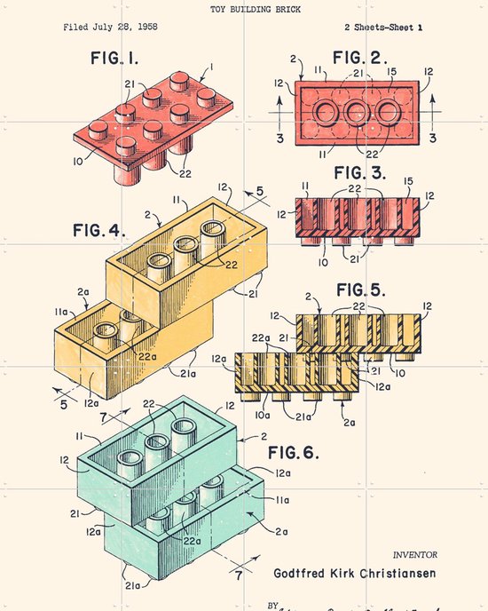 Dessin technique de briques Lego, y compris des briques rouges, jaunes et vertes.