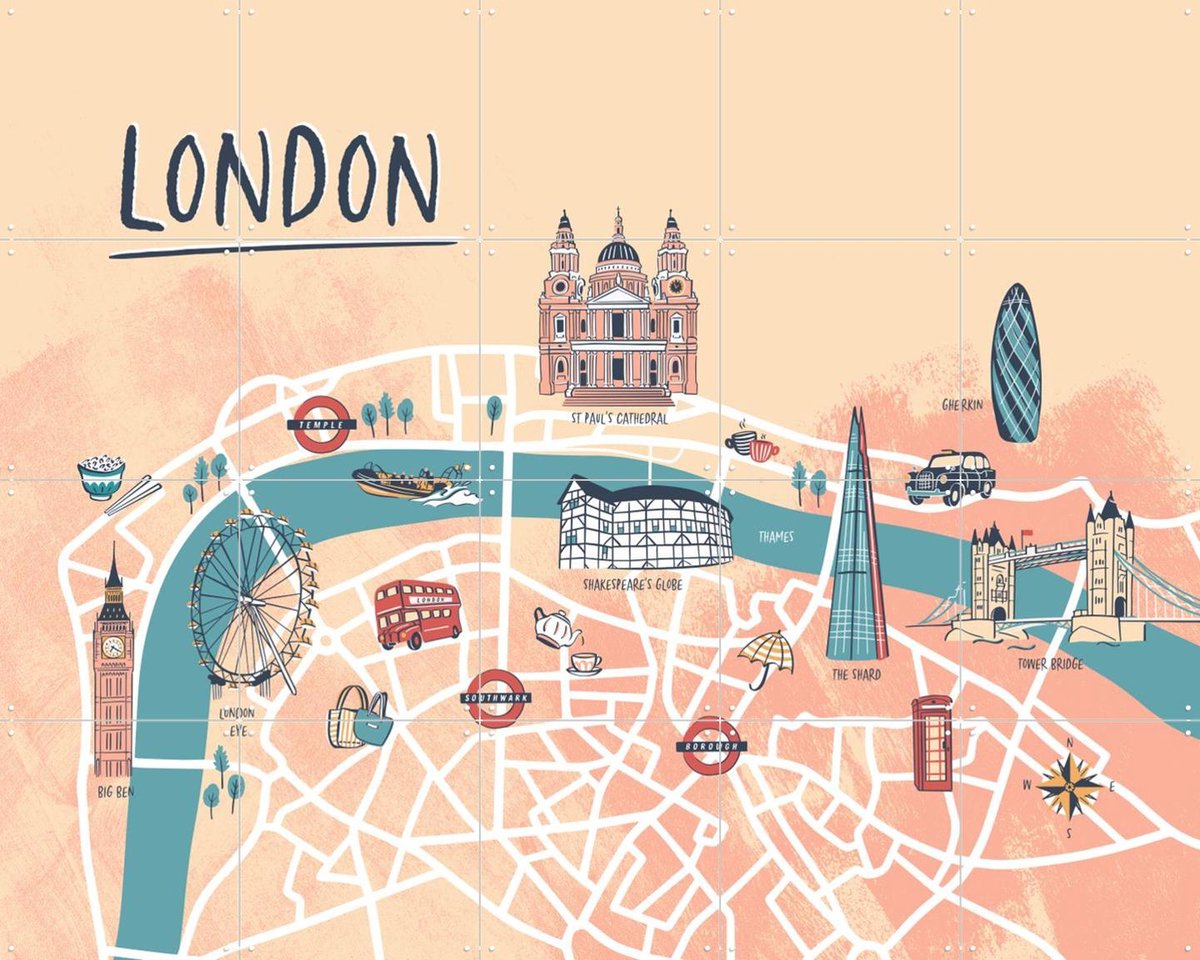IXXI London Illustration, Revista Ontwerp & Kunst in Kaart - 100 x 80 cm - Gratis ophangtool - Grote wanddecoratie en posters - Speels, Illustraties