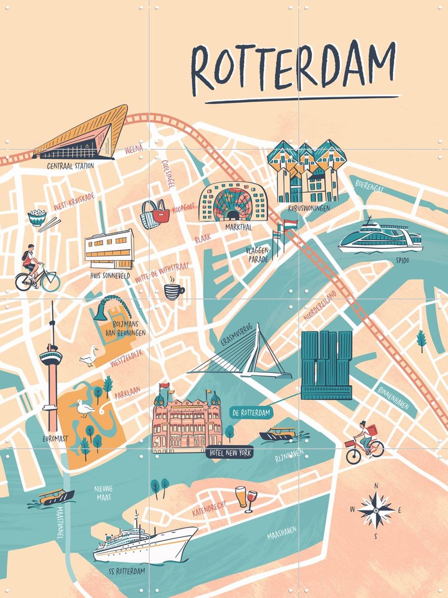 IXXI Rotterdam Illustration, Revista Ontwerp & Kunst in Kaart - 60 x 80 cm - Gratis ophangtool - Grote wanddecoratie en posters - Speels