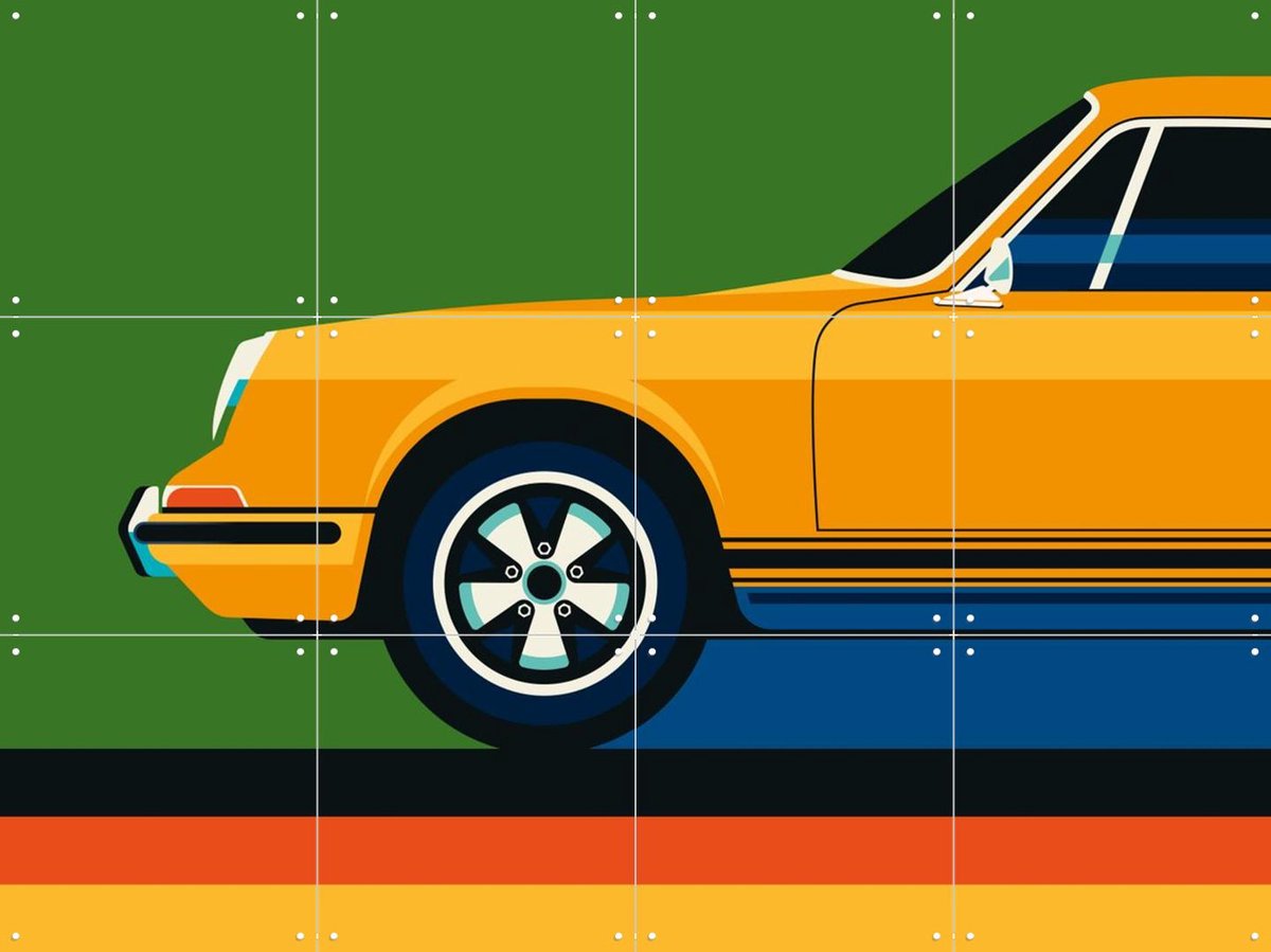IXXI Orange Vintage Sports Car Front, Bo Lundberg - 80 x 60 cm - Gratis ophangtool - Grote wanddecoratie en posters - Digitale Kunst, Kleurrijk