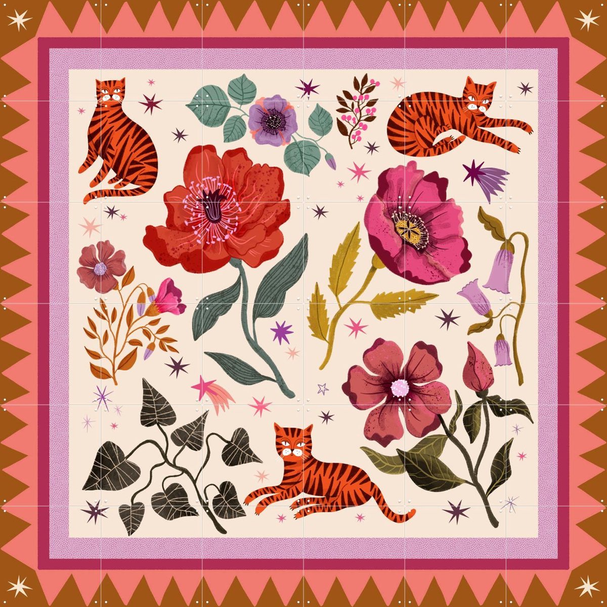 IXXI Tiger cat poppy field, Lena Addink - 120 x 120 cm - Gratis ophangtool - Grote wanddecoratie en posters - Speels, Illustraties, Digitale Kunst