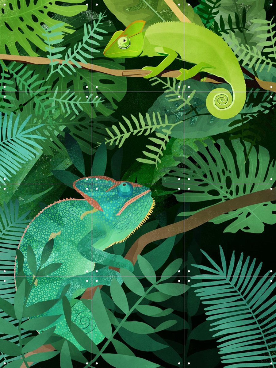 IXXI Chameleons, Goed Blauw - 60 x 80 cm - Gratis ophangtool - Grote wanddecoratie en posters - Digitale Kunst, Illustraties, Speels, Woonkamer