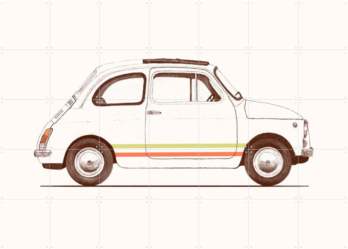 IXXI Fiat 500, Florent Bodart - 140 x 100 cm - Gratis ophangtool - Grote wanddecoratie en posters - Vintage, Line art, Retro, Illustraties, Grafisch
