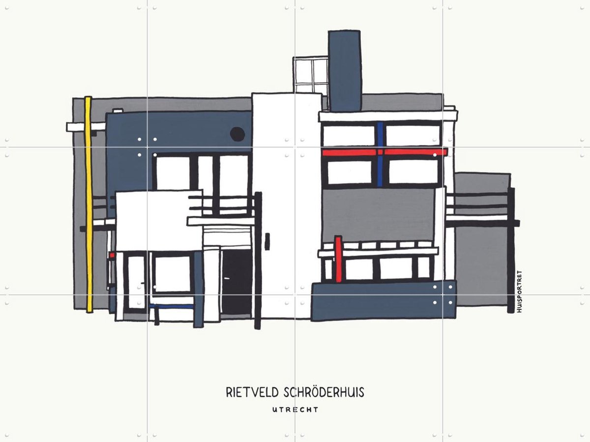IXXI Rietveld Schröder House, Huisportret & Kunst in Kaart - 80 x 60 cm - Gratis ophangtool - Grote wanddecoratie en posters - Line art, Illustraties