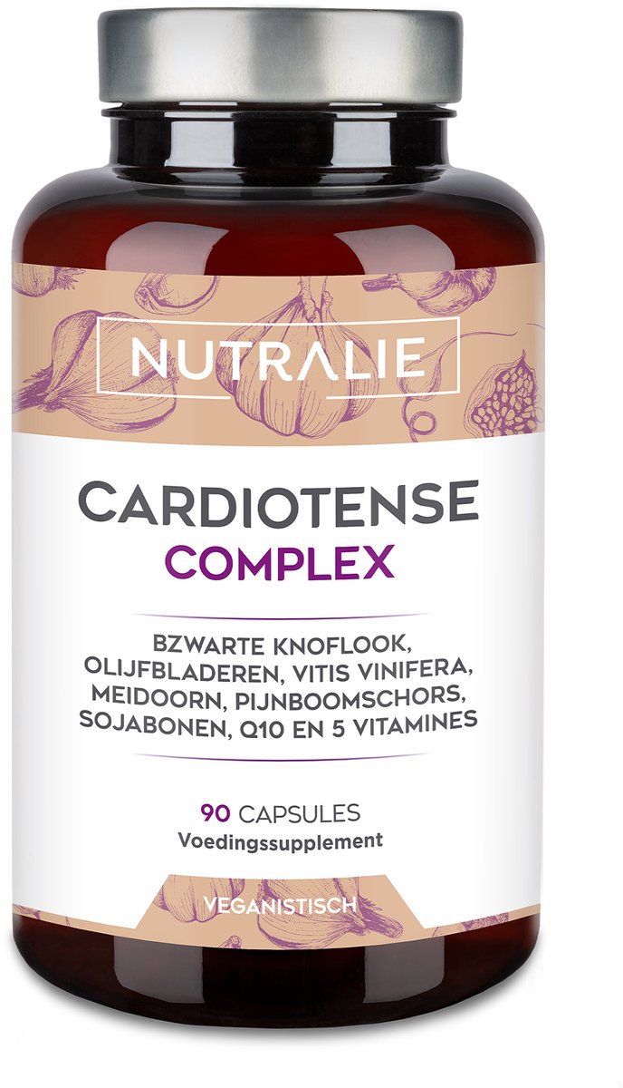 Nutralie Cardiotense Complex - 90 Capsules - Hart & Bloedvaten Supplementen - Mannen en Vrouwen - Zwarte Knoflook, Co-enzym Q10 & 5 Vitamines, 13 Actieve Ingrediënten