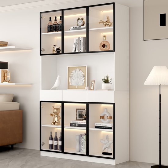 OKWISH Vitrinekast - Met Led Verlichting En App Bediening - Voor Woonkamer Kantoor - 120x30x200 Cm - Wit Met Zwart - Aluminium Frame