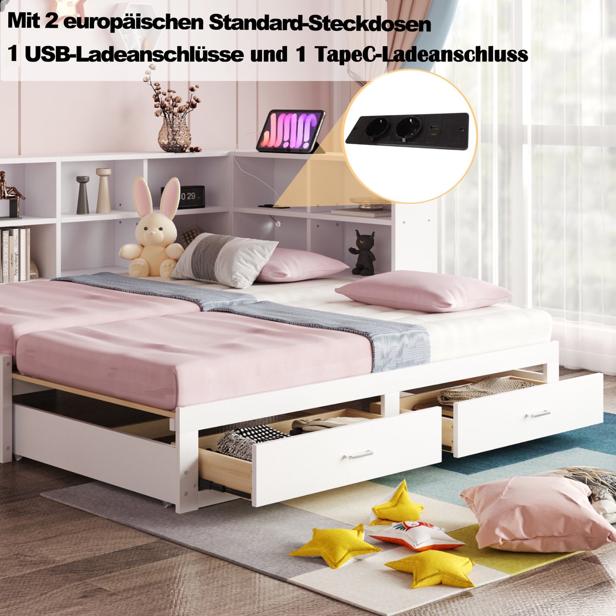 Merax Slaapbank 90/180x190 cm - met uitschuifbaar bed - opbergruimte - europese stopcontacten - lades - wit - zonder matras