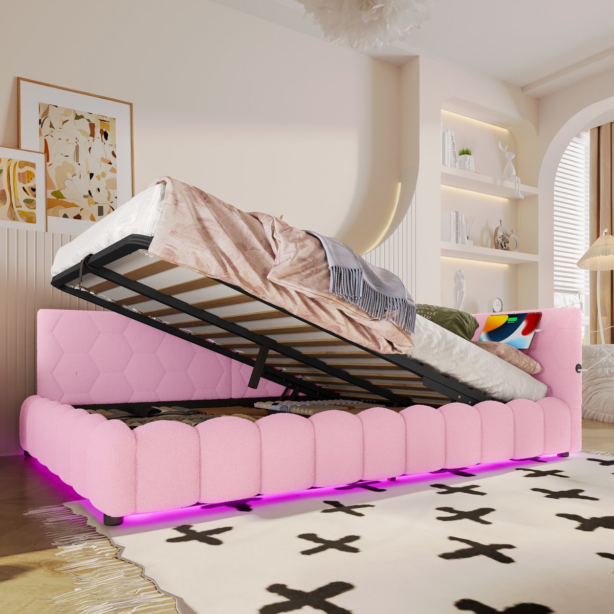 Slaapbank - 140x200 cm - Met Lattenbodem - Hydraulisch en LED - Vliesstof - Roze