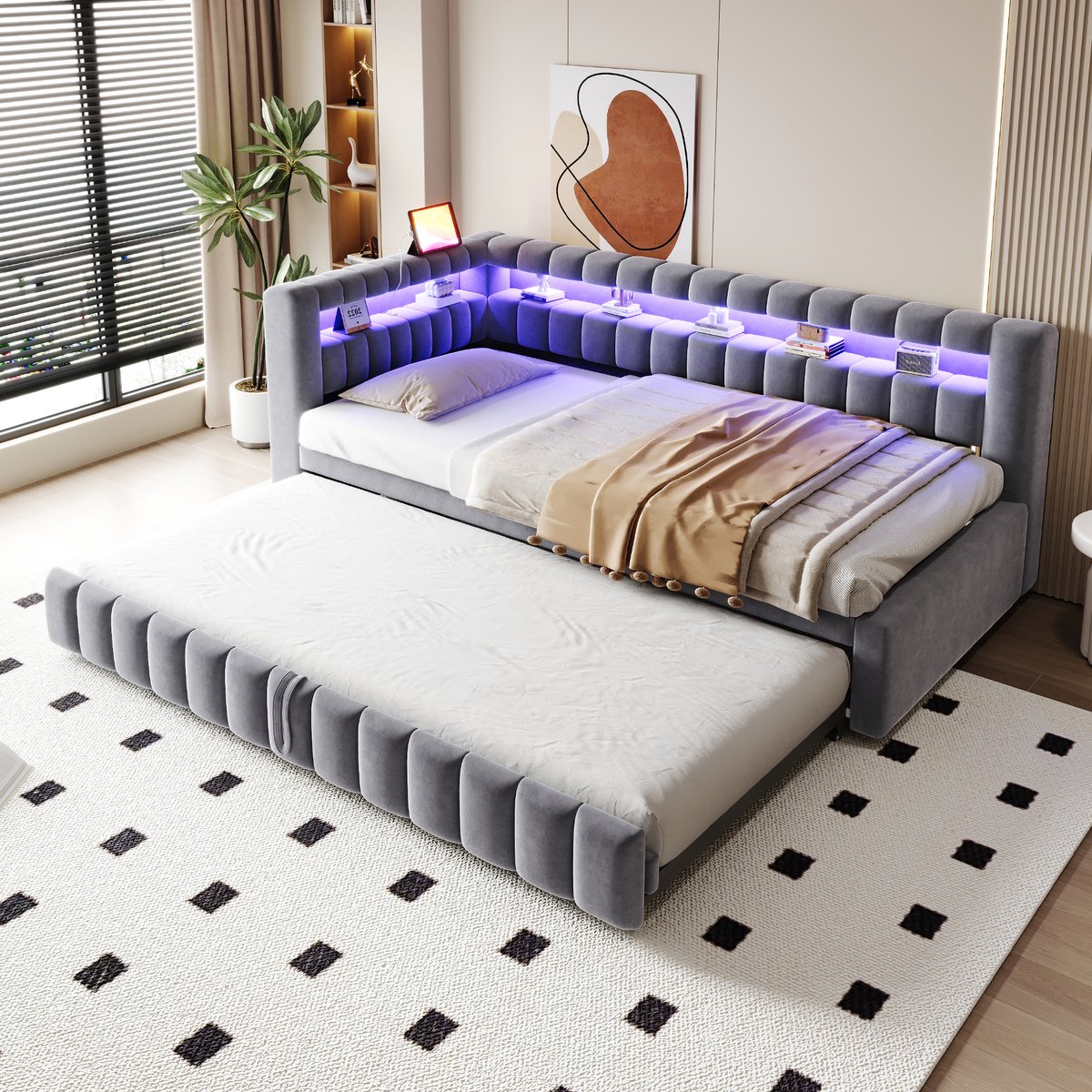 STILVORA Slaapbank 90x200 cm – Uitschuifbaar Naar Extra Slaapplaats – Ledverlichting Met Opbergvakken – Met Usb En Type C – Fluweel – Zonder Matras – Grijs
