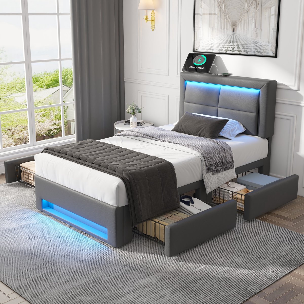 Bed - 90 x 200 cm - Met LED en 4 Lades - Met USB Aansluiting - PU - Grijs