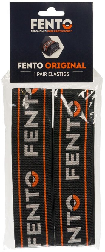 Verpakking met twee FENTO ORIGINAL elastieken voor kniebeschermers. Zwart met oranje strepen en witte FENTO-letters.