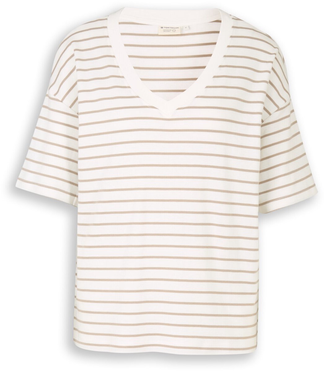 Tom Tailor - Oversized T-shirt met streepjesmotief - Maat M - white beige irregular stripe