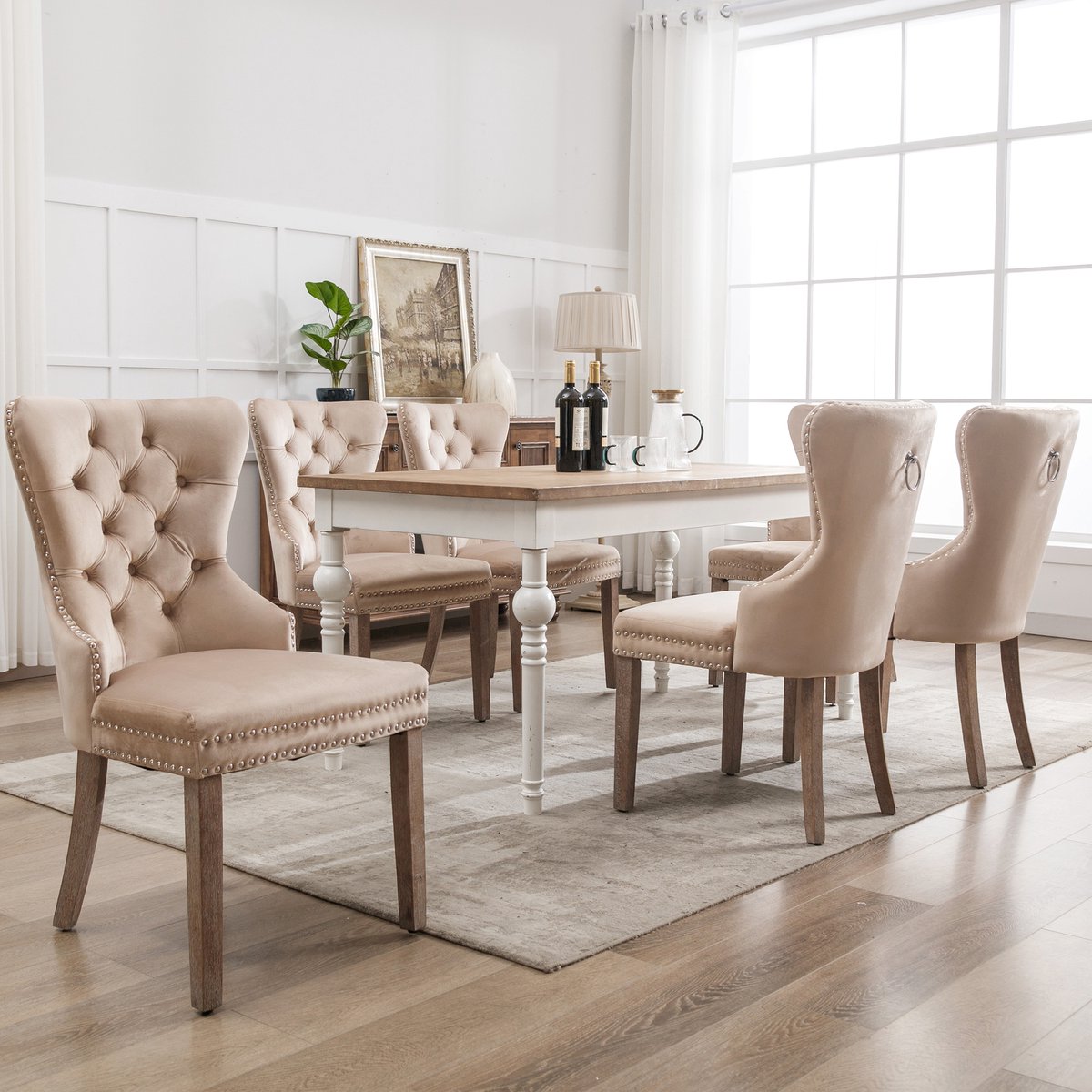 HAUSS SPOLE Eetkamerstoel Set Van 6 - Fluwelen Bekleding Met Siernagels En Trekring - Verstelbare Massiefhouten Poten - Beige - 53x46,5x95 Cm