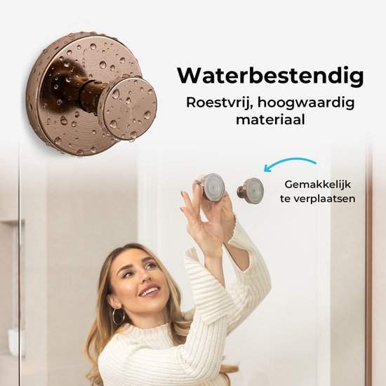 Koperkleurige haak met waterdruppels, waterbestendig en roestvrij materiaal. Vrouw plaatst zuignaphaak.