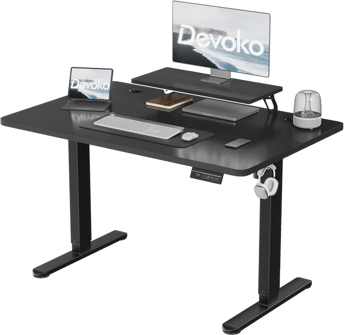 Devoko Elektrisch In Hoogte Verstelbaar Bureau met Monitor Stand, 140 × 60 cm, Staand Bureau, Elektronisch Bureau met 2 Geheugenhoogtes, Zwart
