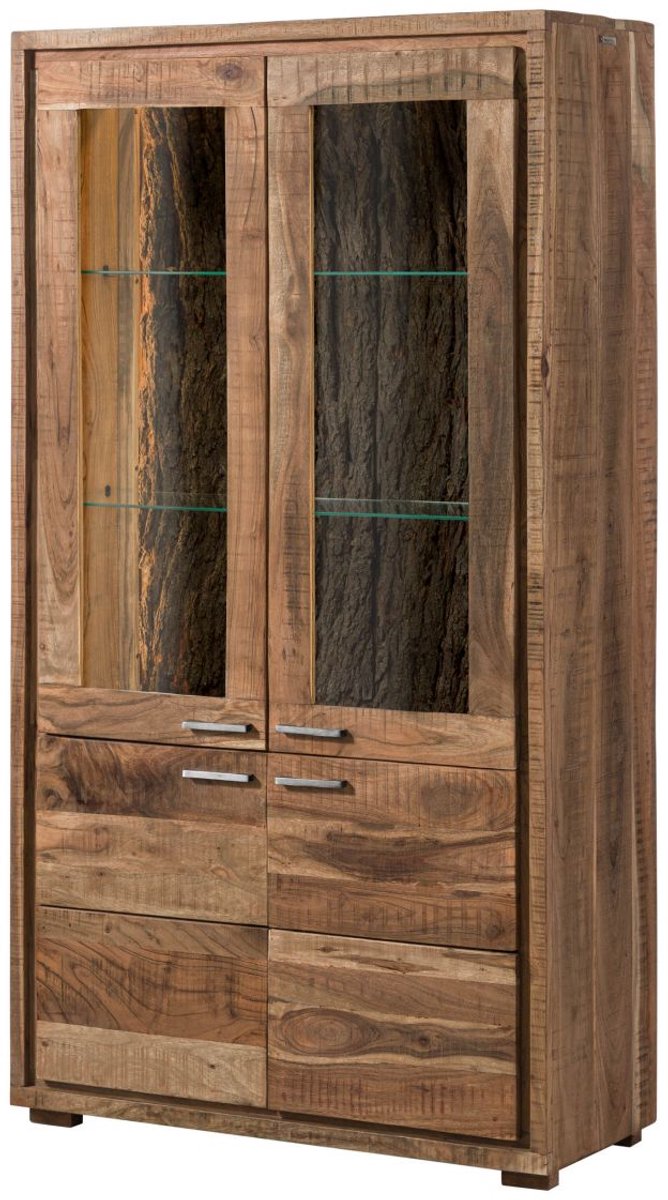MASSIVMOEBEL24.DE acacia vitrine blank massief hout 98x40x180 cm (BxTxH) gelakt gemonteerd BARK volledig massief #108