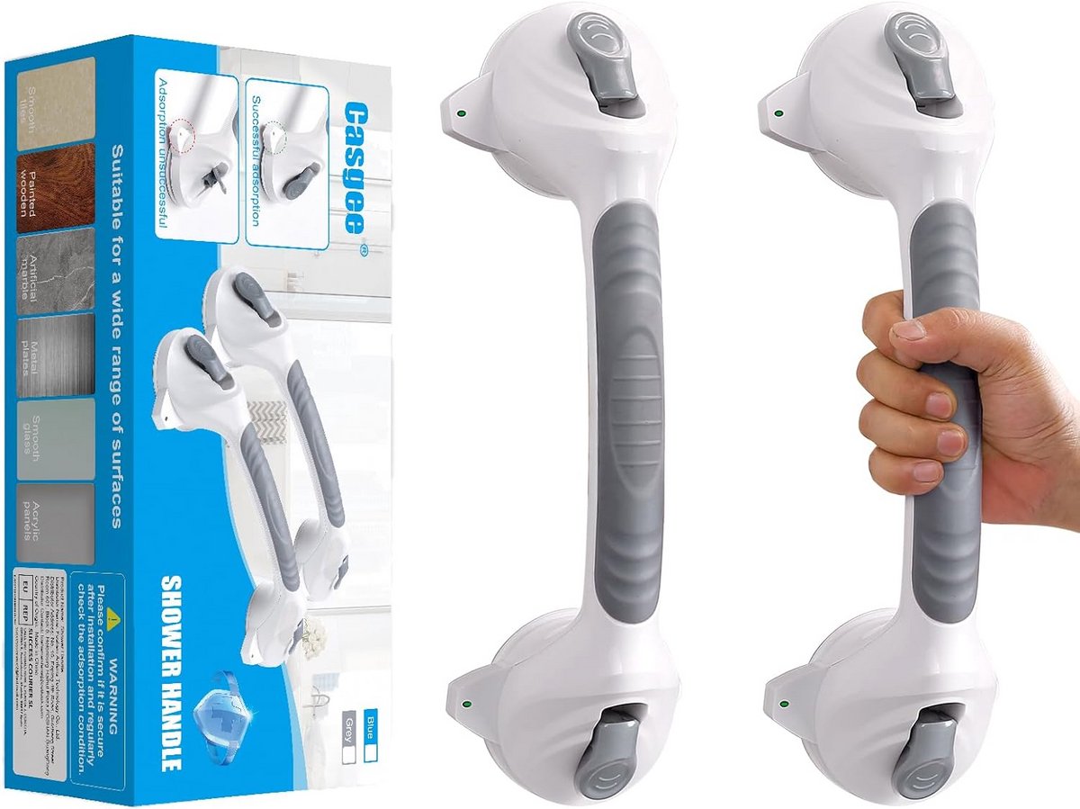 Verstelbare Douchehandgreep Zonder Boren - 38 cm Antislip Hulp voor Senioren - Suction Cup Tot 110 kg - Mobiele Badkamer Handgreep - Grijs