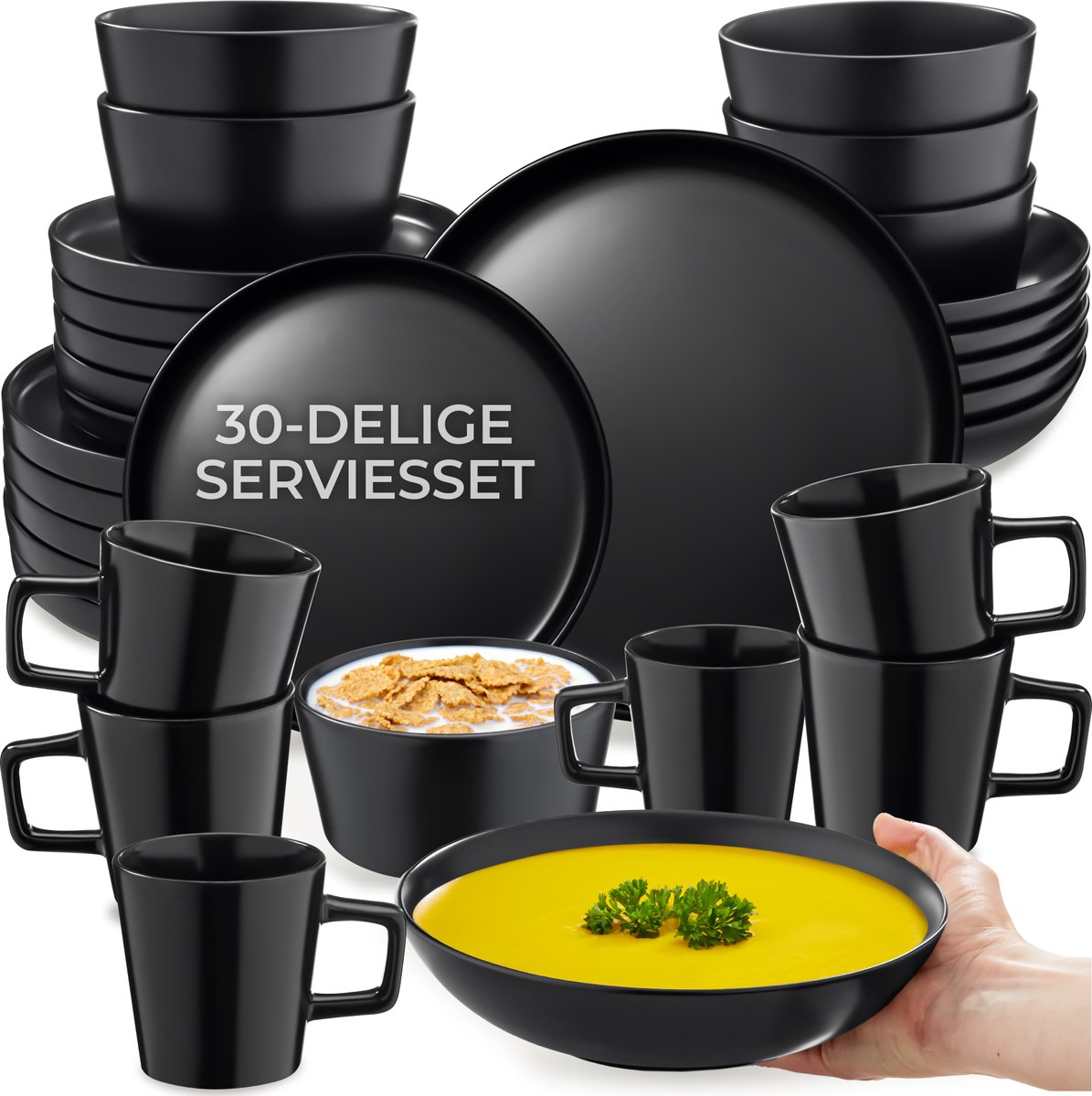 tectake® Serviesset Una - 30-delig Aardewerk voor 6 Personen - Duurzaam en Stijlvol voor Elke Gelegenheid - zwart