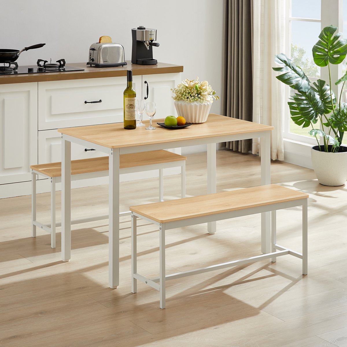 HAUSS SPOLE Eettafelset Met 2 Banken - Ruimtebesparend Voor Keuken En Woonkamer - Spaanplaat En Staal Naturel Wit - 110x60x75 Cm Natuurlijk+Wit