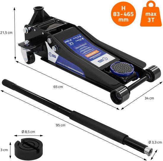 Zwarte hydraulische krik met oranje afmetingen H 83-465 mm en max 3T.