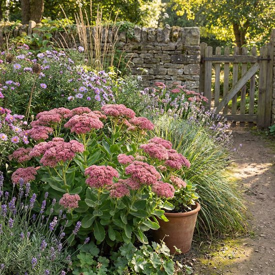 Een Sedum struik met roze bloemen in een terracotta pot, naast een stenen muur.