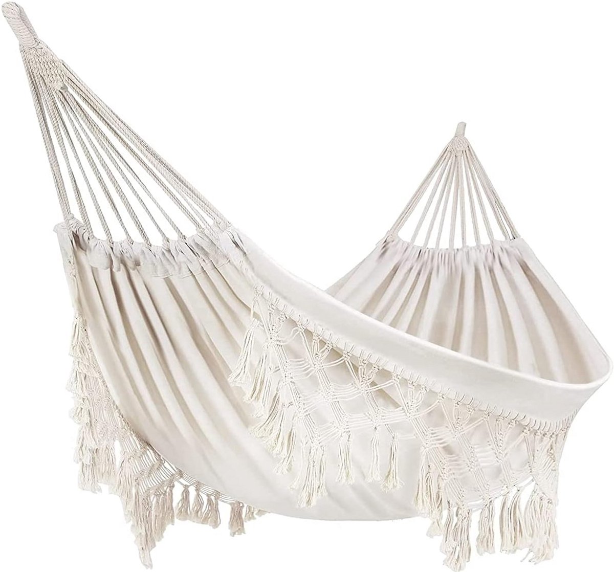 Boho dubbel hangmat voor 2 personen met franjes - 250 kg draagvermogen, handgemaakt
