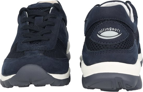 Voor- en achterkant van donkerblauwe Gabor rollingsoft sneakers met witte zool en 'rolling soft' logo.