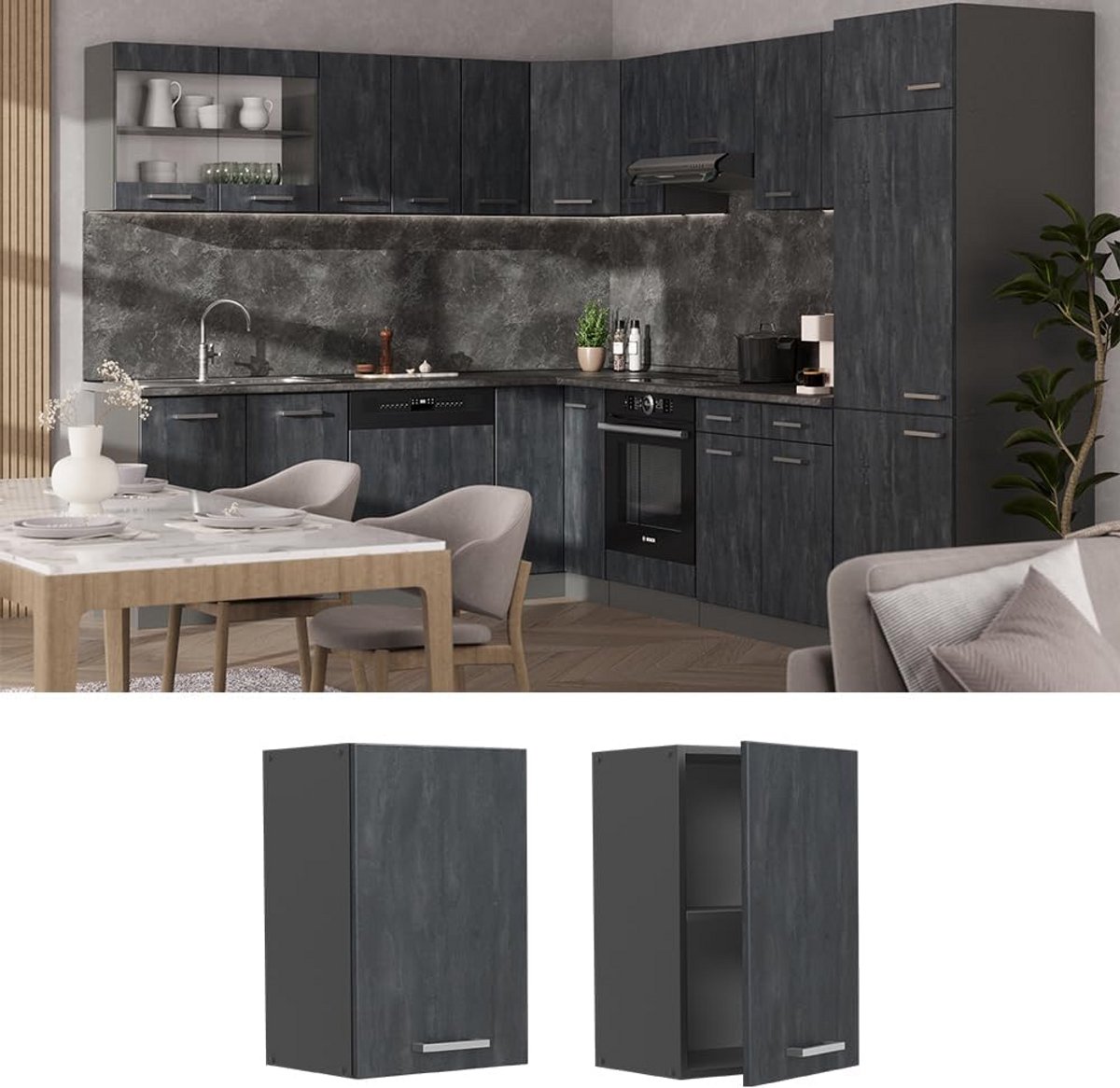 Stijlvolle 40 cm Hangkast Keukenmodule in Zwart Beton Optiek