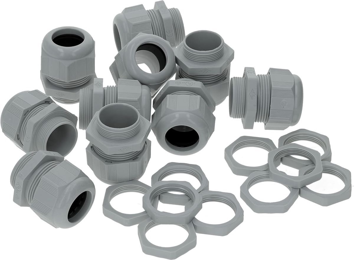 10 stuks Kalitec M16 kabelwartel, kunststof, klembereik 3,5-10 mm | M16 borgmoer, kunststof, grijs | waterdichte kabelwartel