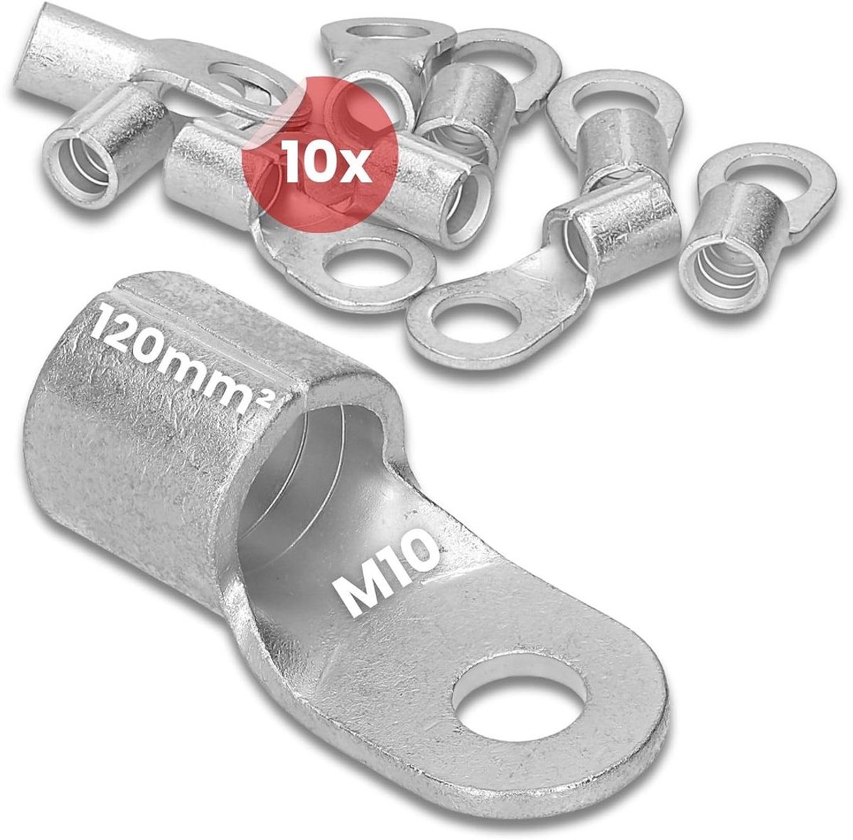 10 stuks Kalitec Q120-10 krimpklemmen voor kabels 120 mm² M10 | Ongeïsoleerd | Krimpen met pinnen | Voor meeraderige, fijn- en extra-fijnaderige geleiders | Kabelklem 120 mm²