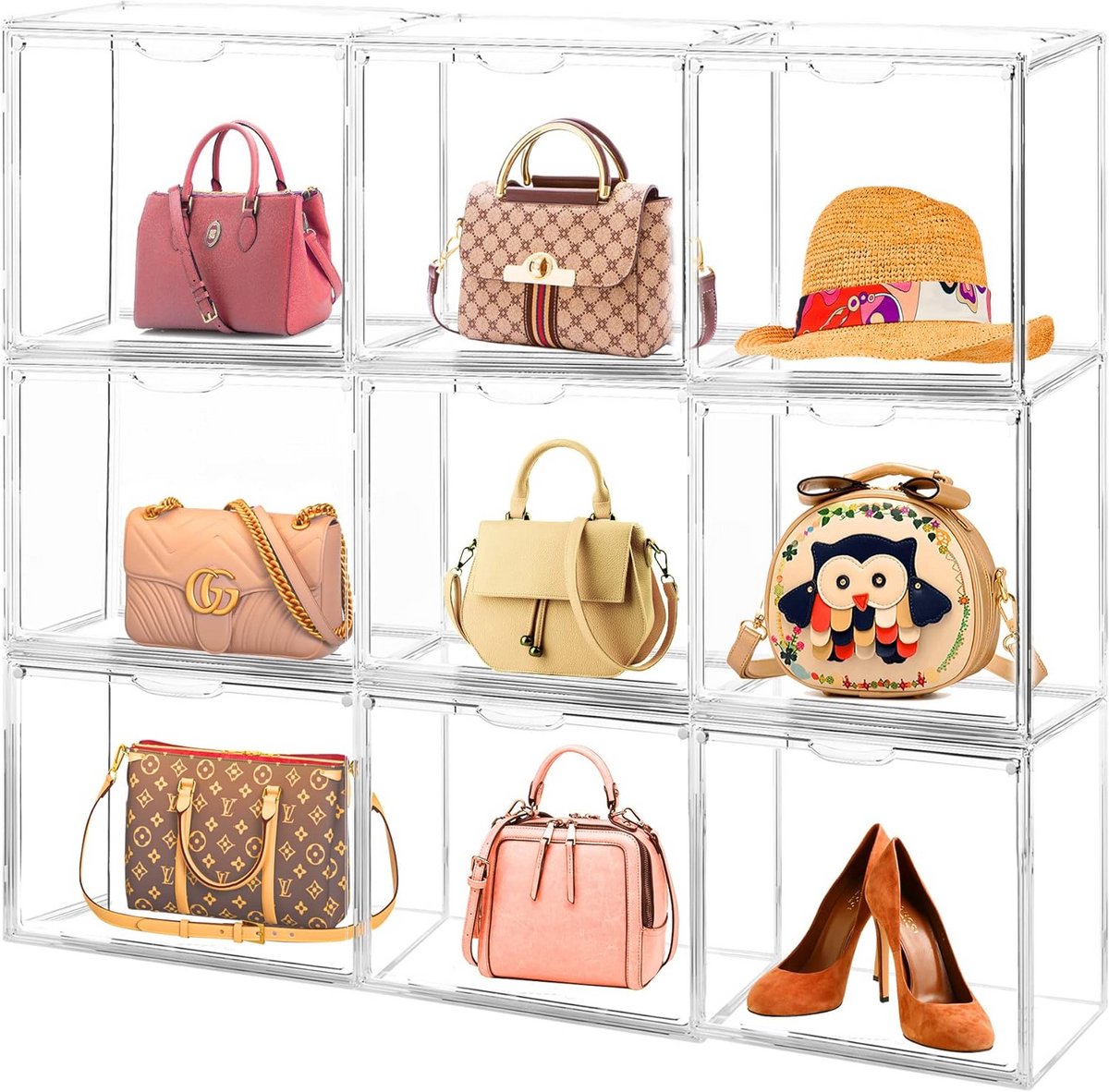 4-delige Portemonnee Organizer voor Kast - Heldere Acrylaat Displaydoos voor Handtassen en Opbergboxen met Magnetische Deur - Stapelbare Opberg Bins met Stofdichte Deksel voor Boeken, Speelgoed en Schoenen